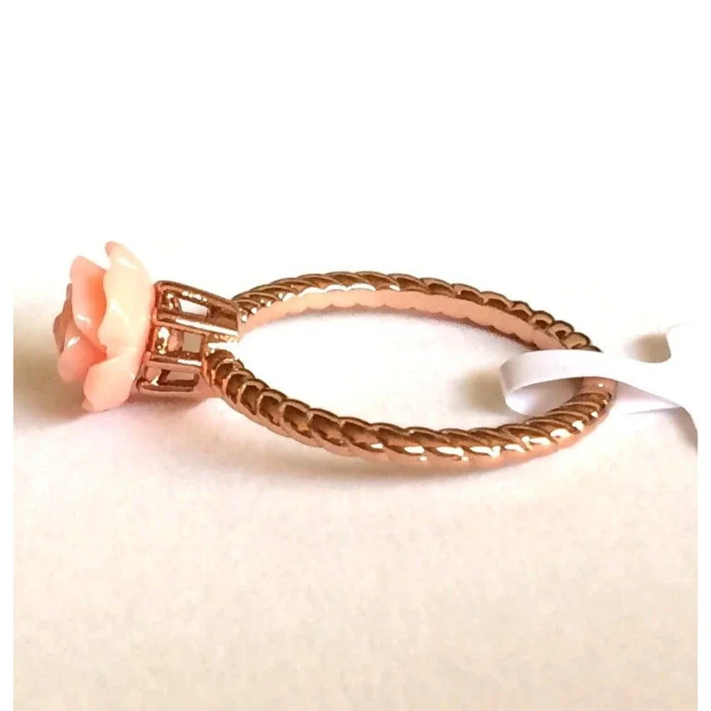 Pink Rose Flower Cable Ring Size 11 Rose Gold Plated Victorian Vintage Style